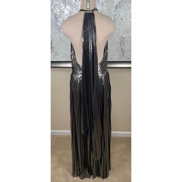Retrofete Reiss Ruched Pleated Halterneck Metallic Gunmetal Maxi Dress Size L - Picture 7 of 9